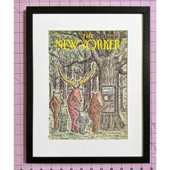 Framed 1990 The New Yorker May 7 Magazine Cover Edward Koren 24 Hr Banking - Picture 1 of 3